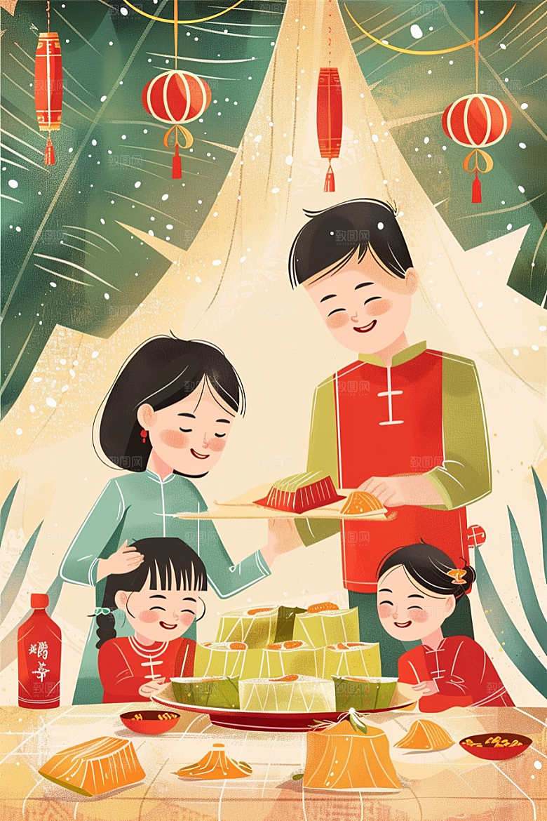 端午包粽子传统文化节日插画