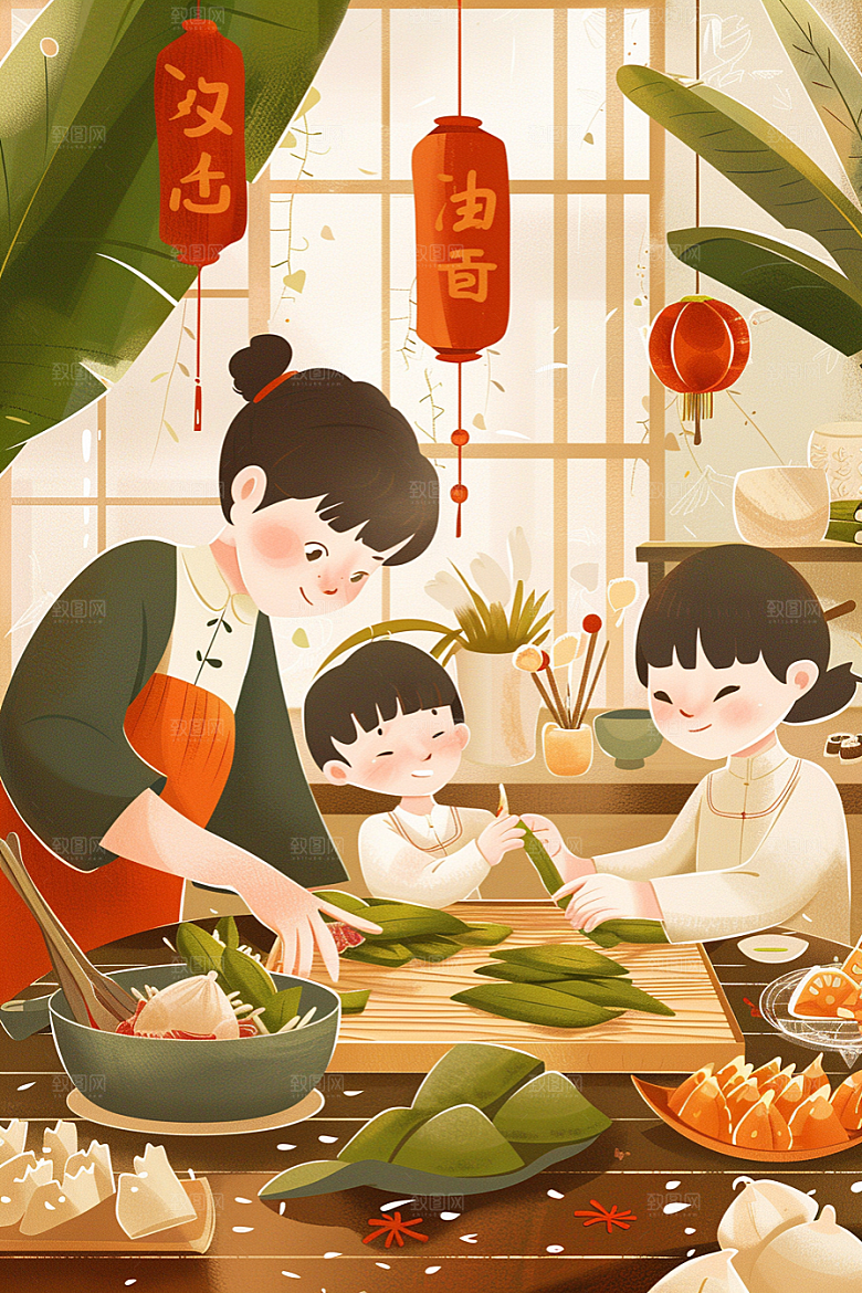 端午包粽子传统文化幸福插画