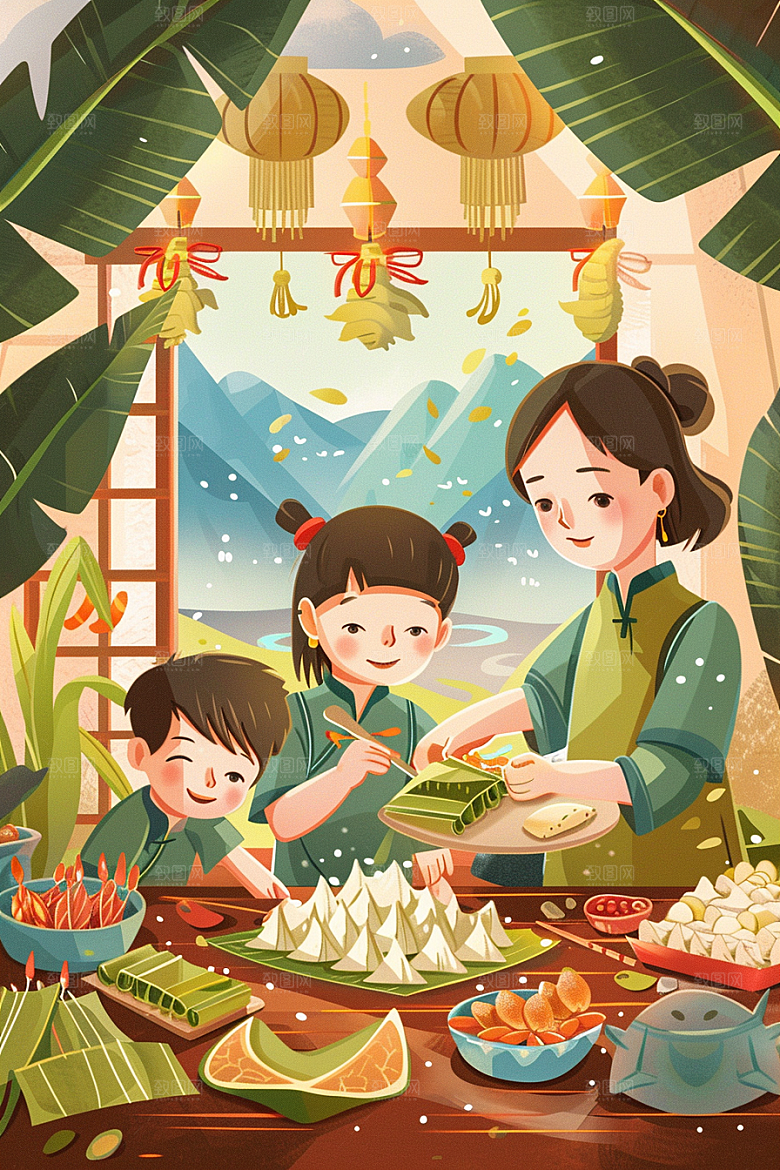 端午包粽子美味手绘插画