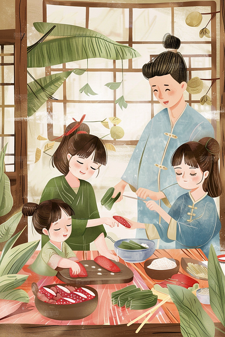 端午包粽子温馨手绘插画