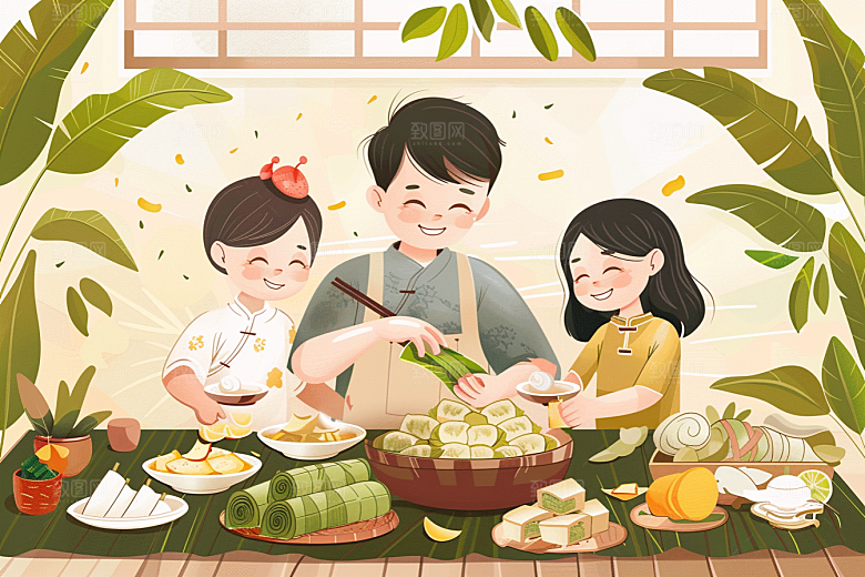 端午包粽子端午节阖家团聚插画