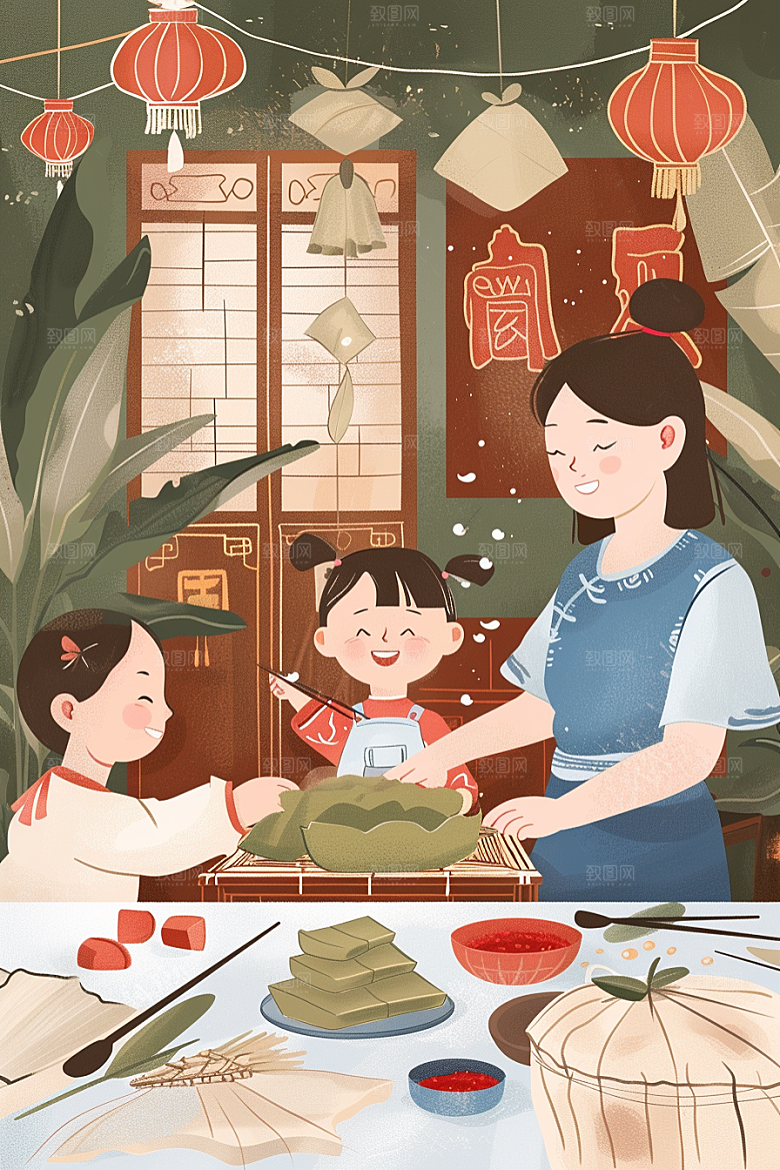 端午包粽子粽叶端午节插画