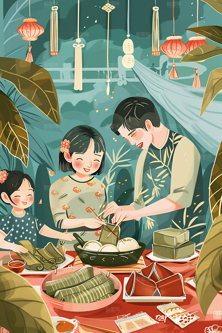 端午包粽子阖家团聚节日氛围插画