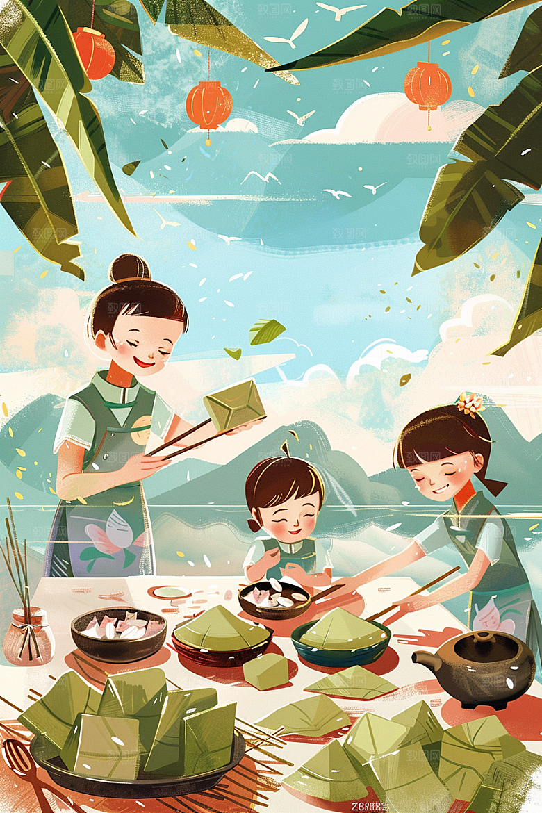 端午包粽子美食阖家团聚插画
