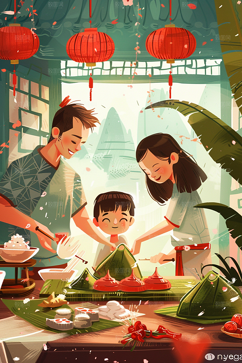 端午包粽子美食美味插画