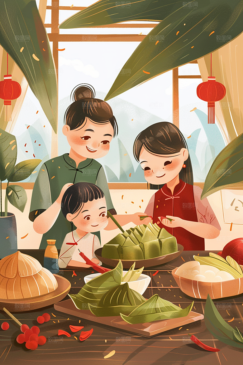 端午包粽子节日氛围传统文化插画