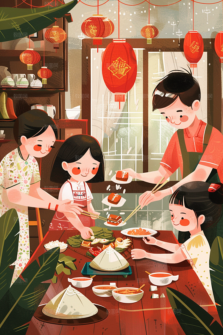 端午包粽子美食美味插画
