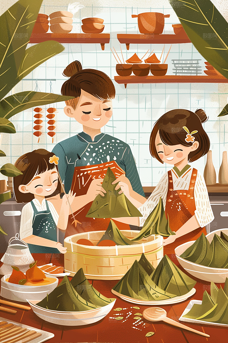 端午包粽子美食端午节插画