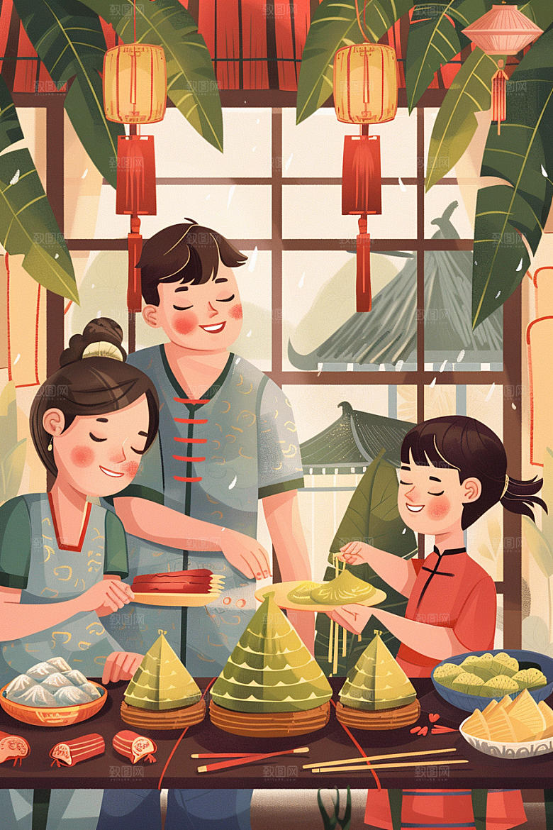 端午包粽子粽叶手绘插画