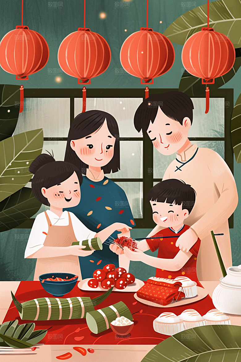 端午包粽子端午节节日插画