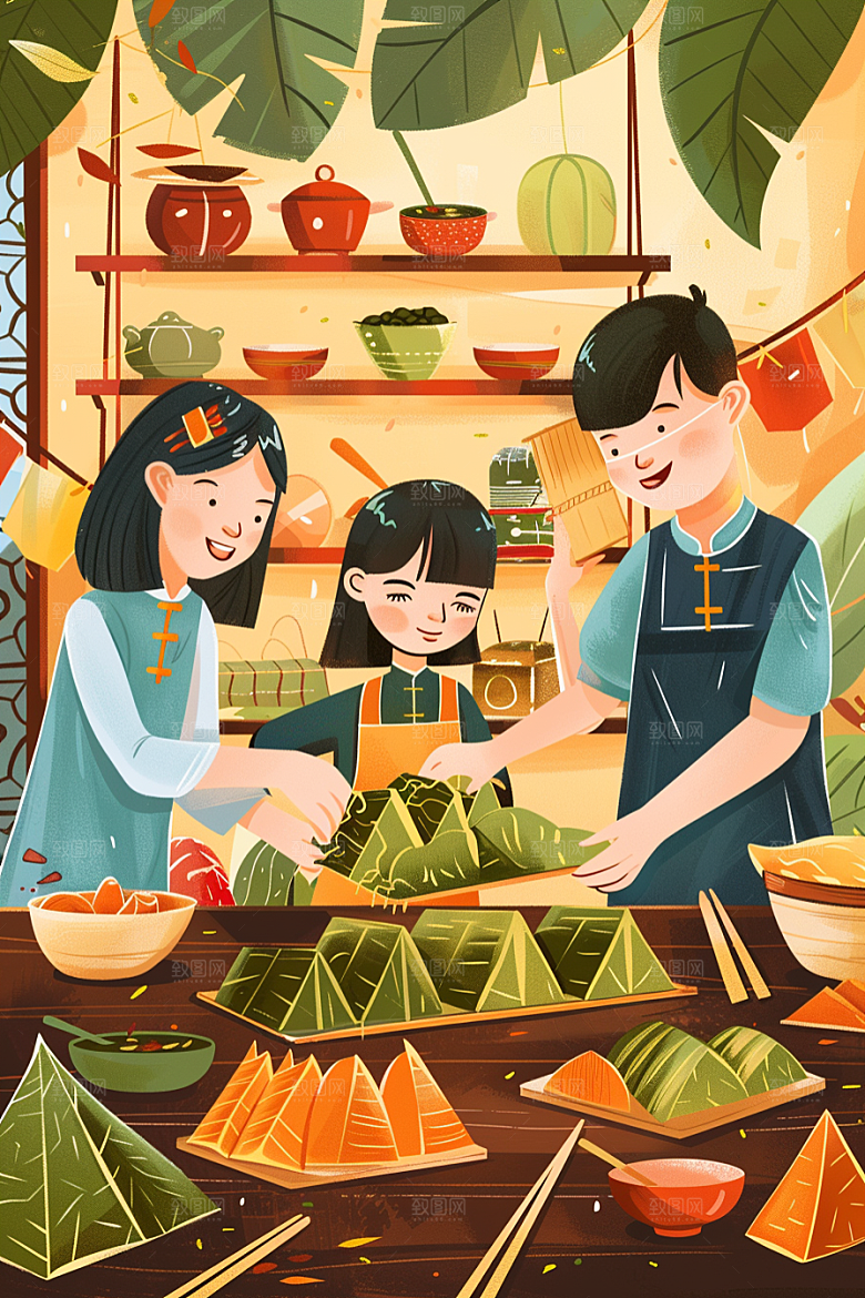 端午包粽子节日氛围习俗插画