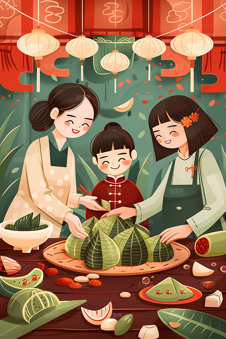 端午包粽子手绘端午节插画