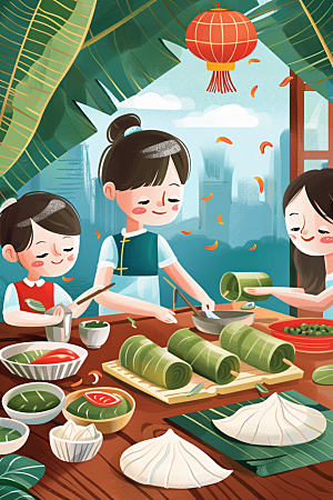 端午包粽子温馨节日氛围插画