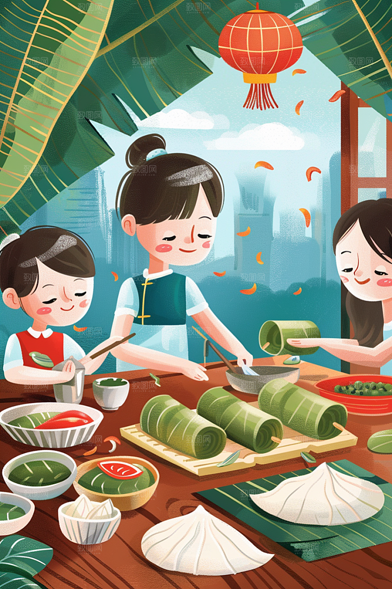 端午包粽子温馨节日氛围插画