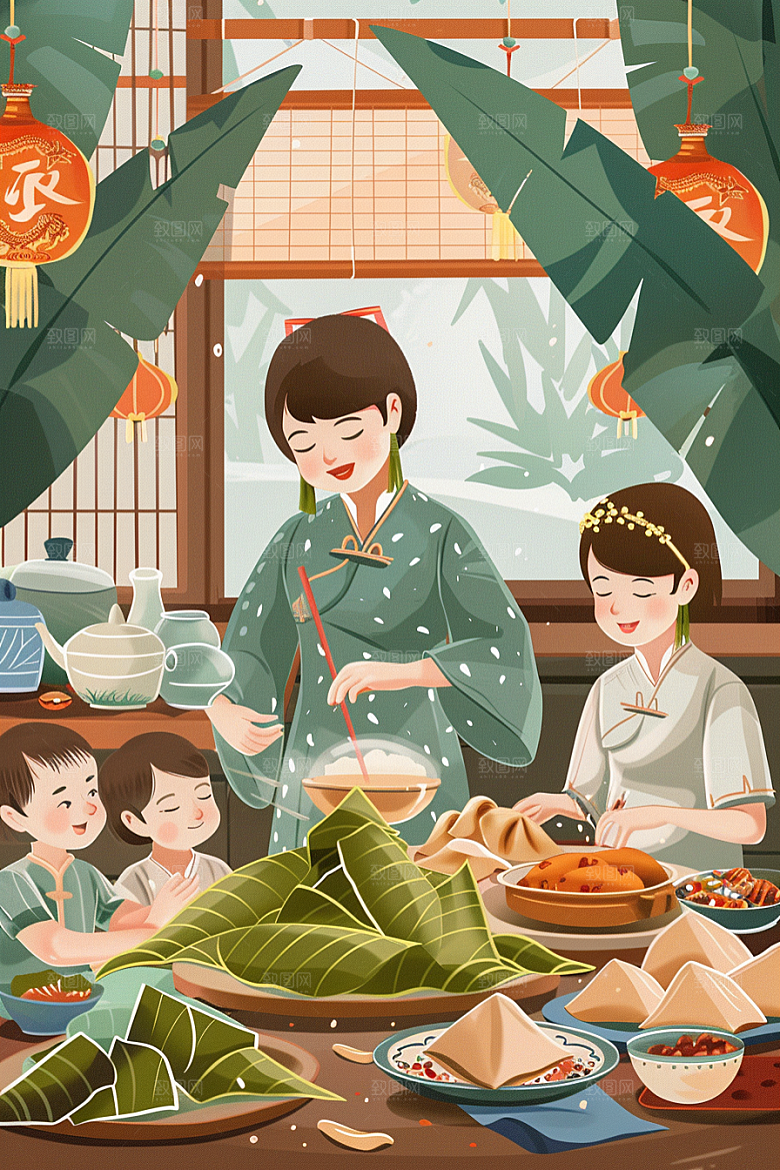 端午包粽子节日节日氛围插画