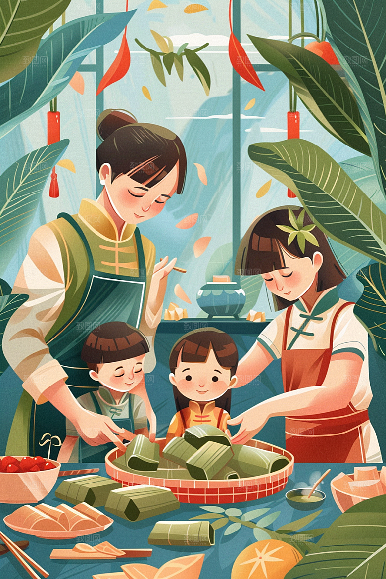 端午包粽子小吃传统文化插画