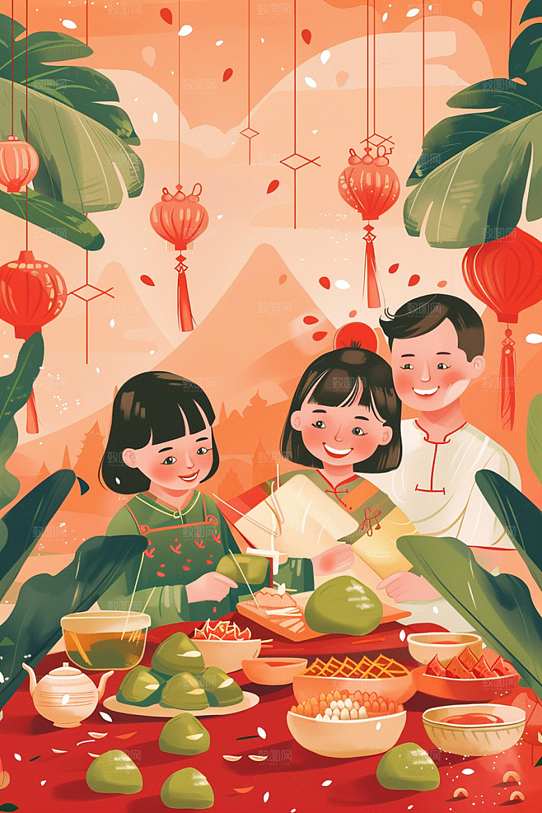 端午包粽子高清糯米插画