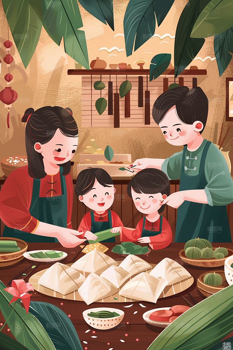 端午包粽子美味高清插画