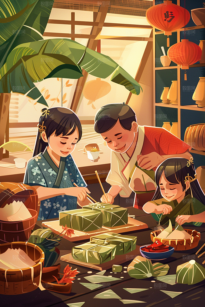 端午包粽子糯米传统文化插画