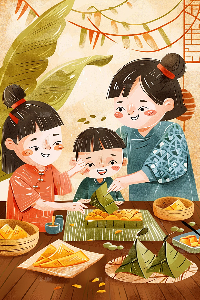 端午包粽子糯米节日插画