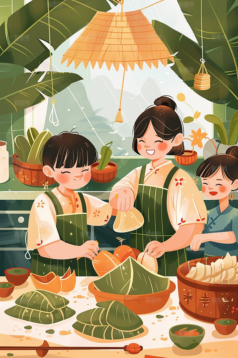 端午包粽子粽叶端午节插画