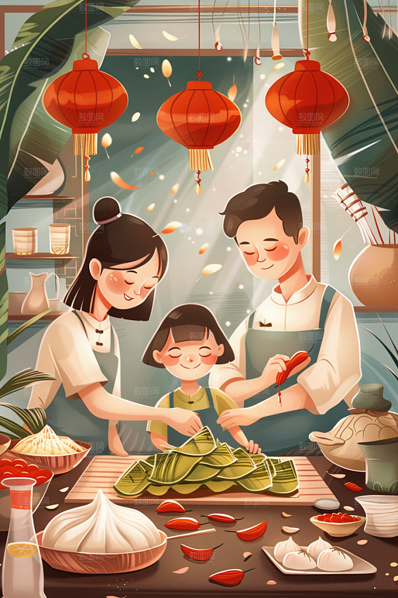 端午包粽子传统文化美食插画