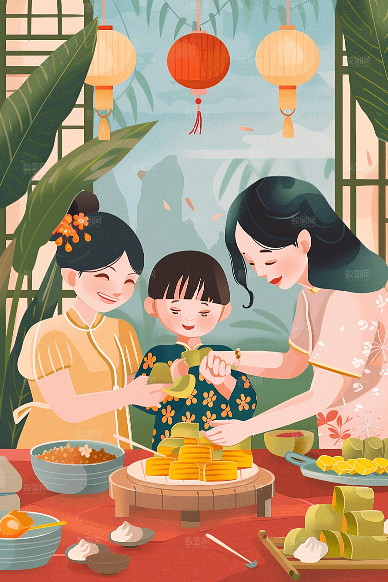 端午包粽子阖家团聚高清插画