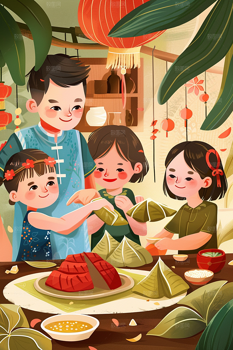 端午包粽子糯米习俗插画