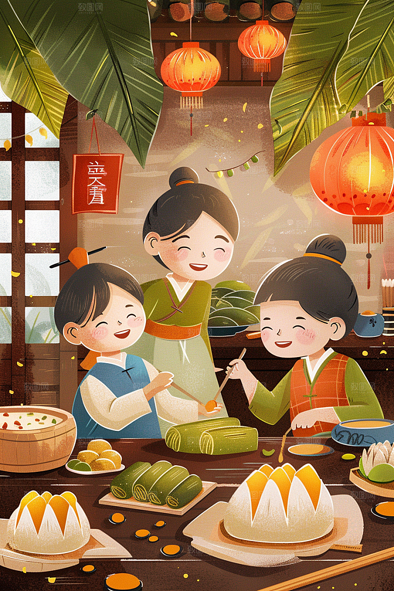 端午包粽子温馨节日插画