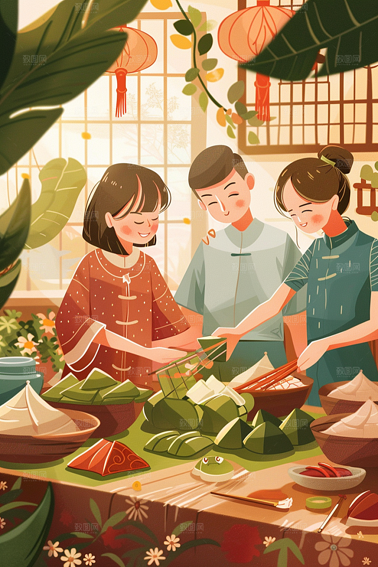 端午包粽子节日氛围高清插画