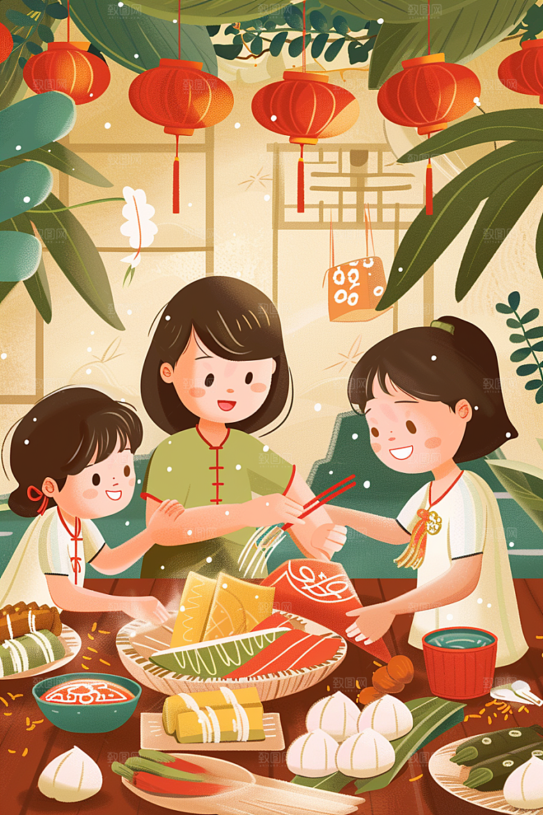 端午包粽子温馨传统文化插画