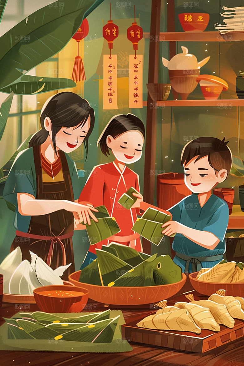 端午包粽子粽叶手绘插画