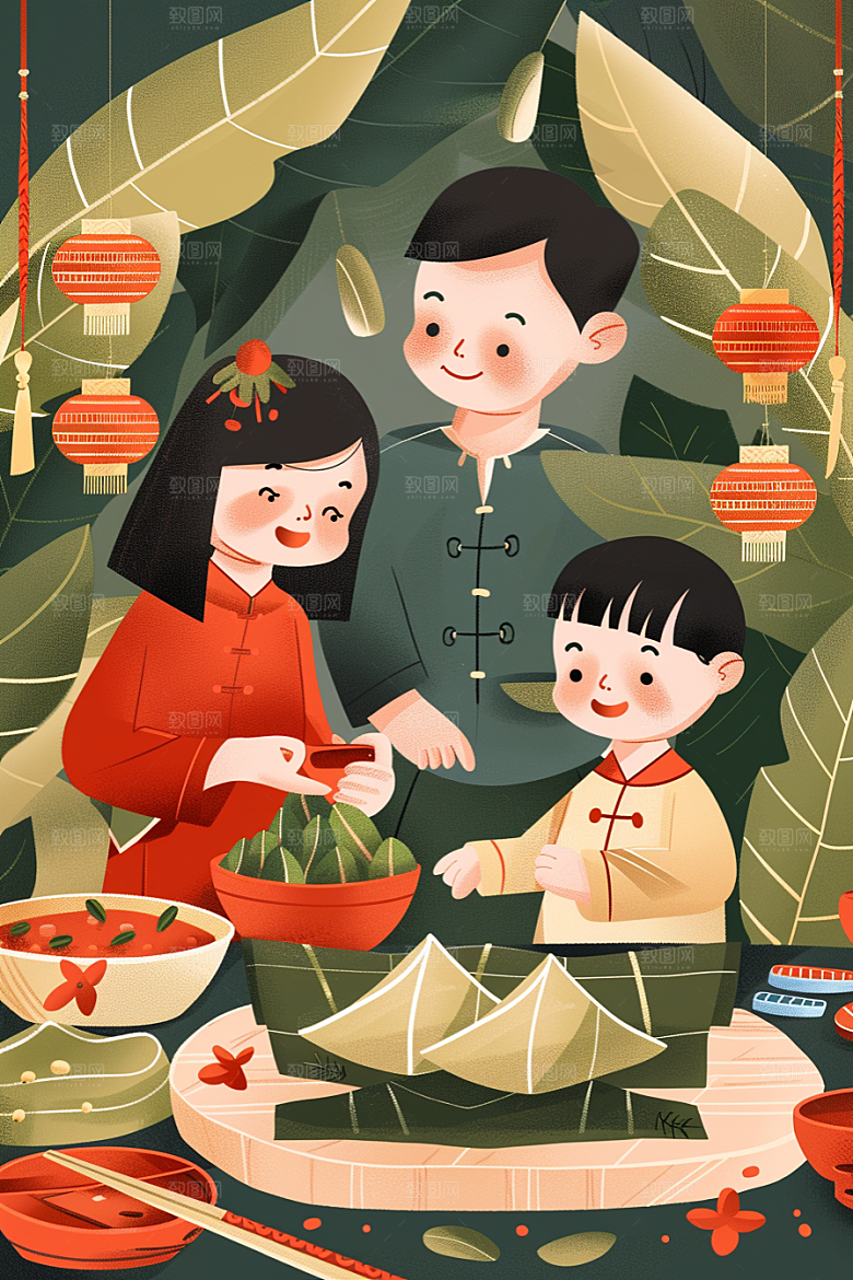 端午包粽子高清美味插画