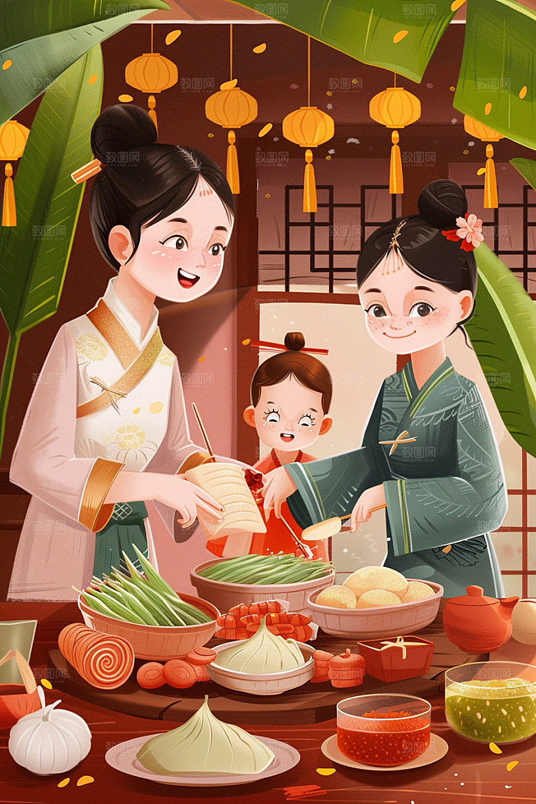 端午包粽子温馨幸福插画