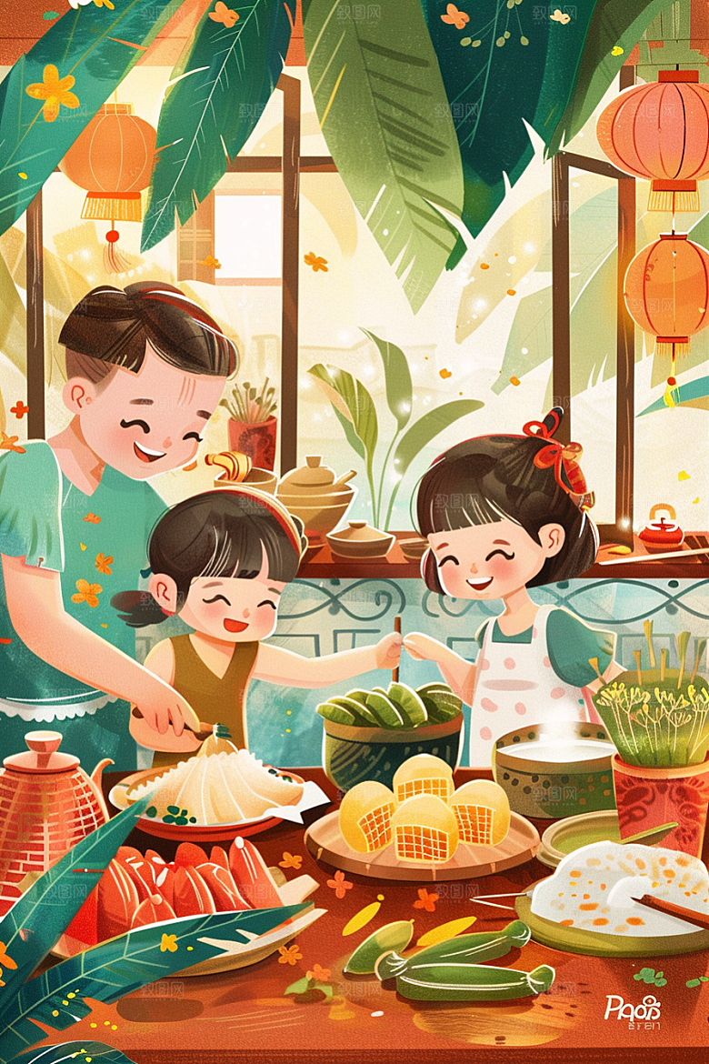 端午包粽子幸福小吃插画