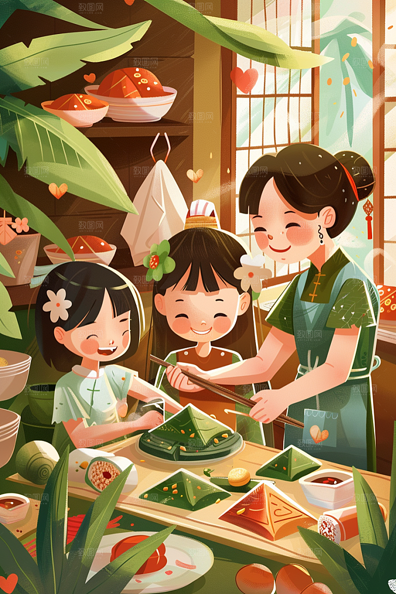 端午包粽子美味小吃插画