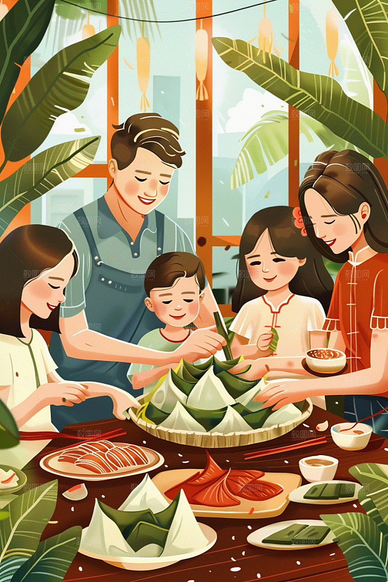 端午包粽子手绘糯米插画