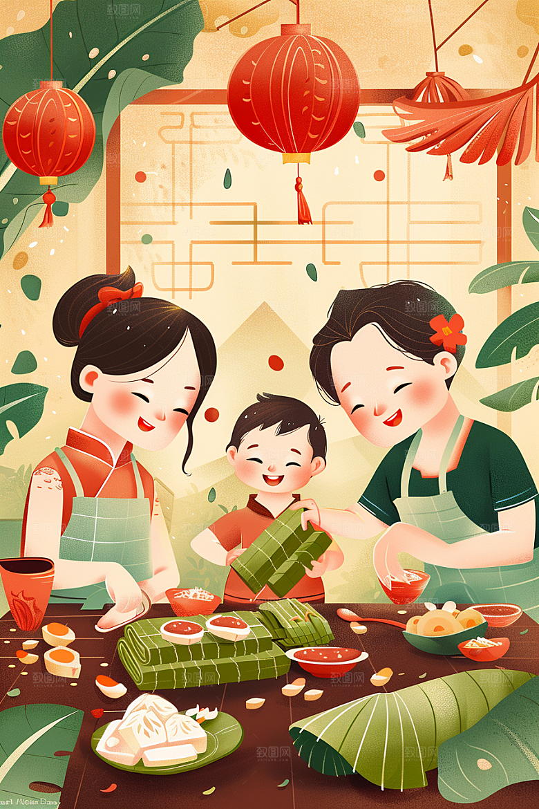 端午包粽子端午节美味插画