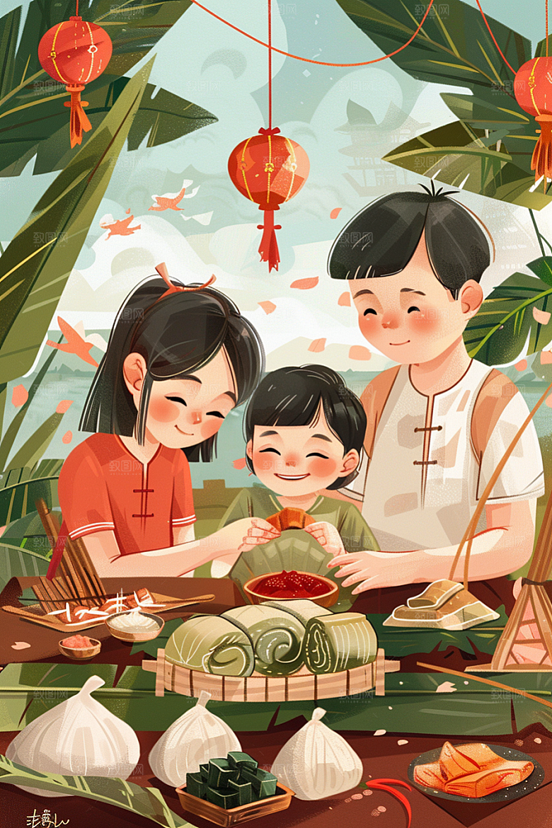 端午包粽子阖家团聚节日氛围插画