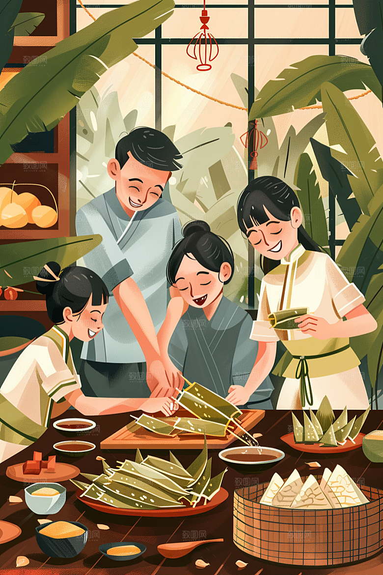 端午包粽子美食端午节插画