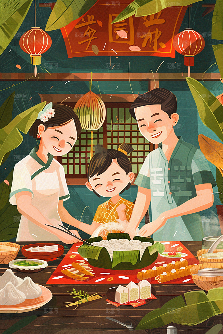 端午包粽子高清手绘插画