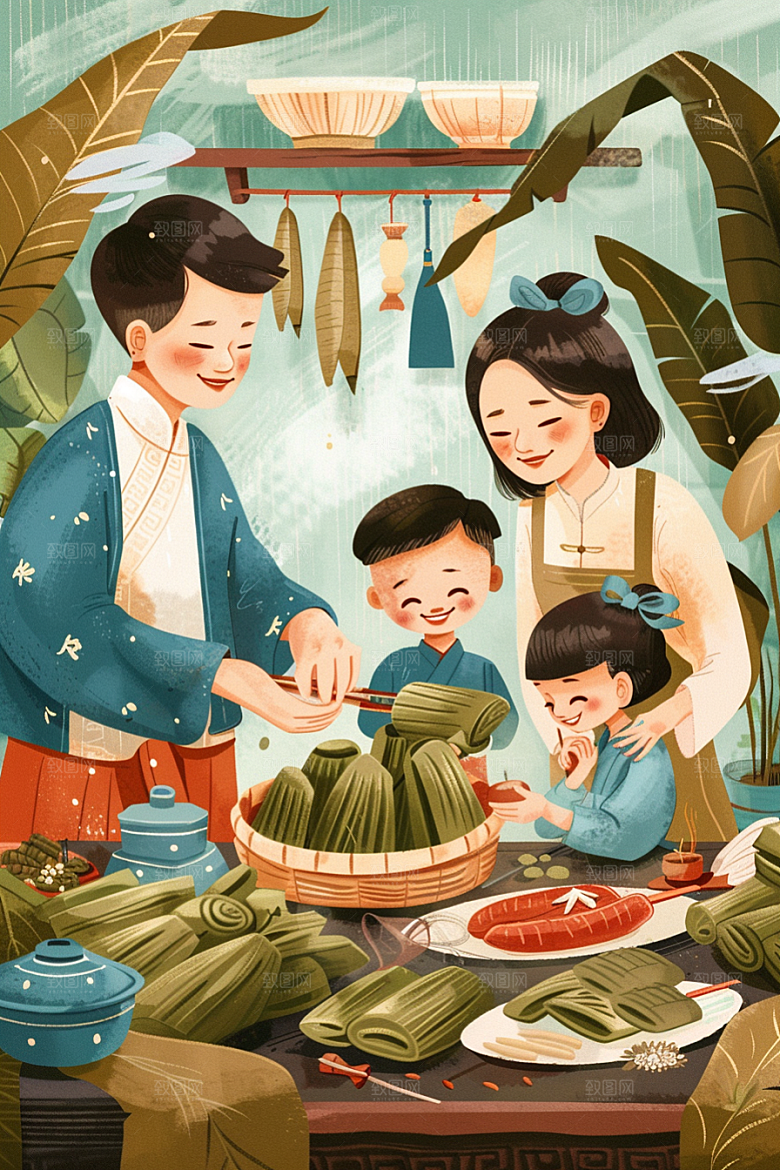 端午包粽子节日氛围小吃插画