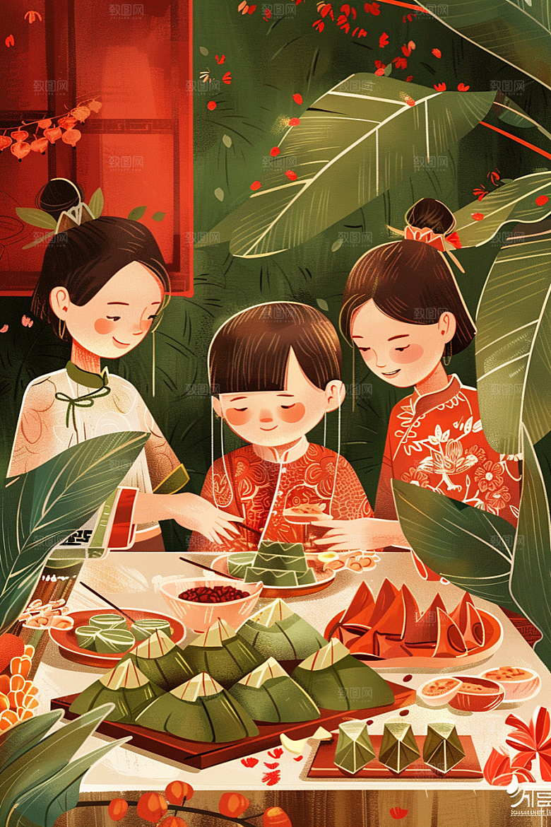 端午包粽子糯米温馨插画