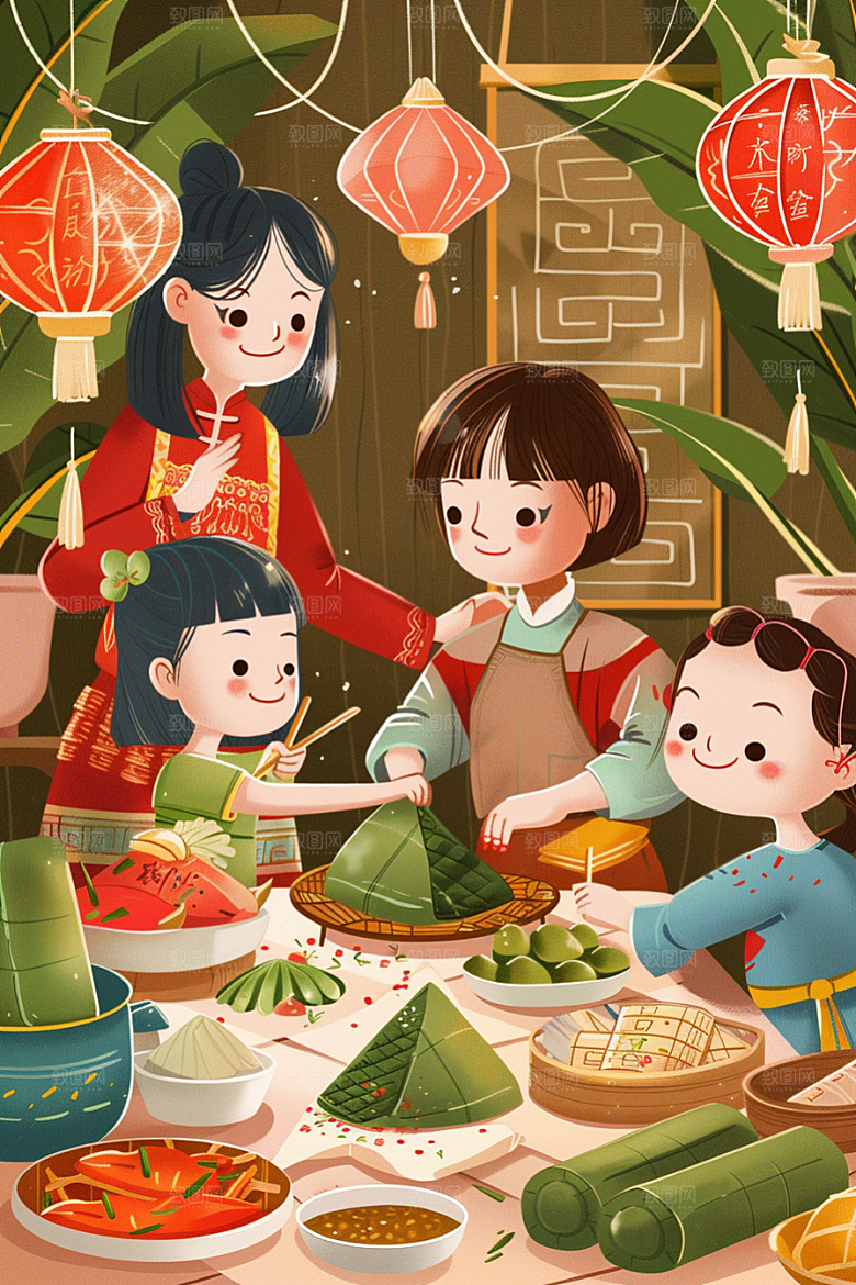 端午包粽子习俗粽叶插画