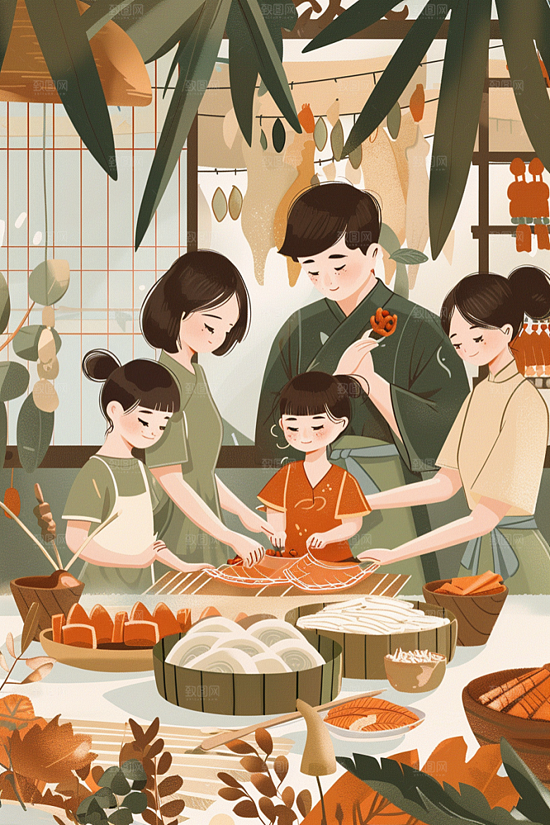 端午包粽子小吃美味插画