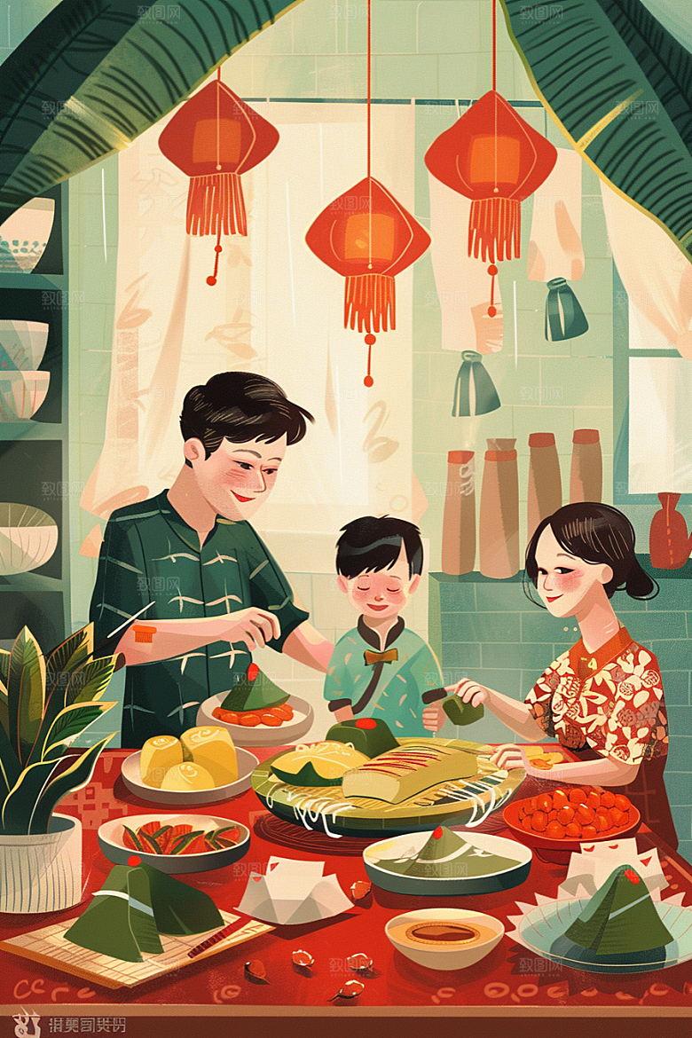 端午包粽子手绘幸福插画