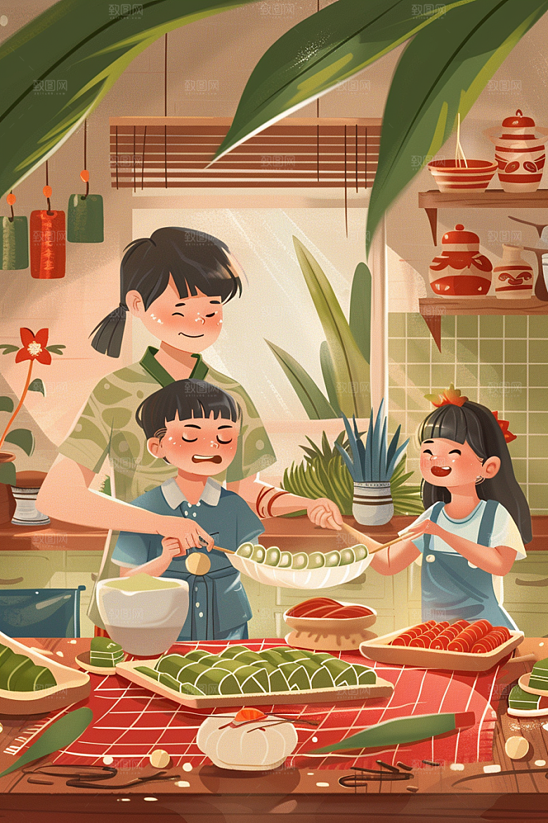 端午包粽子节日美食插画