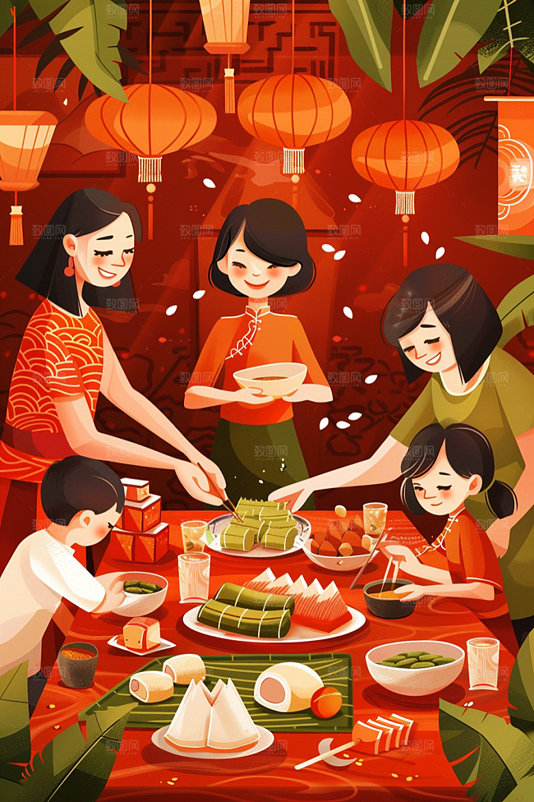 端午包粽子习俗美味插画