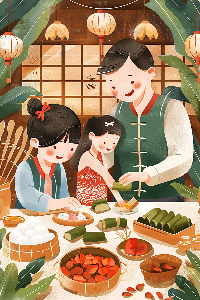 端午包粽子手绘节日插画