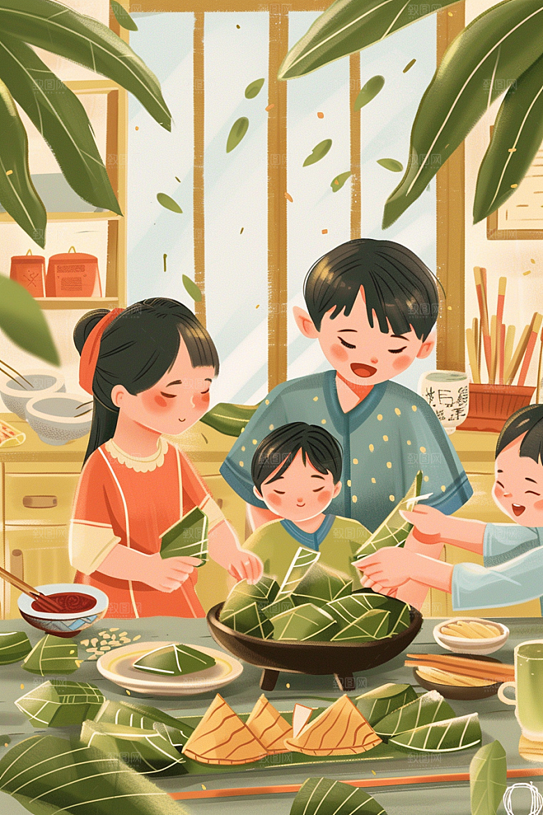 端午包粽子高清节日插画